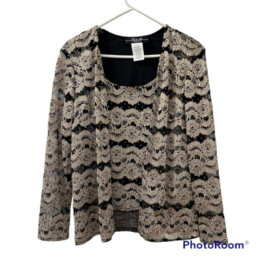 R&M Collection Gold Black Top Shimmer Sequined Attached Cardigan Sheer Top Sz 14